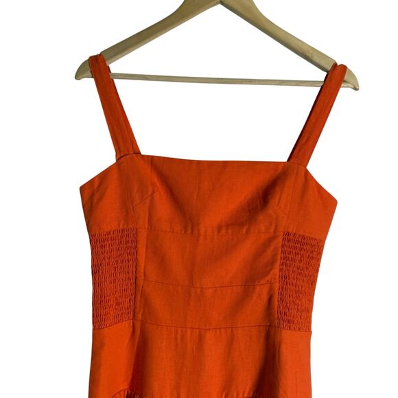 Farm Rio Orange Smocked Linen Blend Sleeveless Resort Midi Sun Dress Size Small - Picture 7 of 16